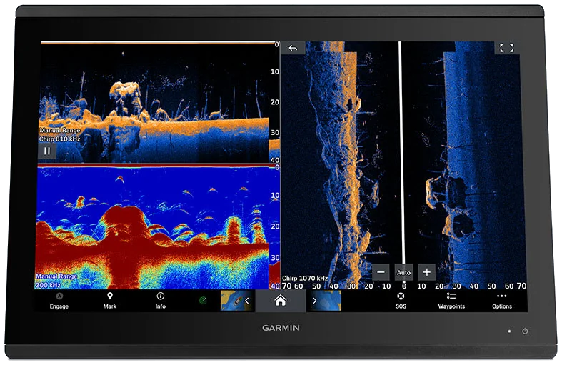 Garmin GPSMAP 8416xsv ekranas: tradicinis CHIRP, ClearVü ir SideVü sonaro vaizdai
