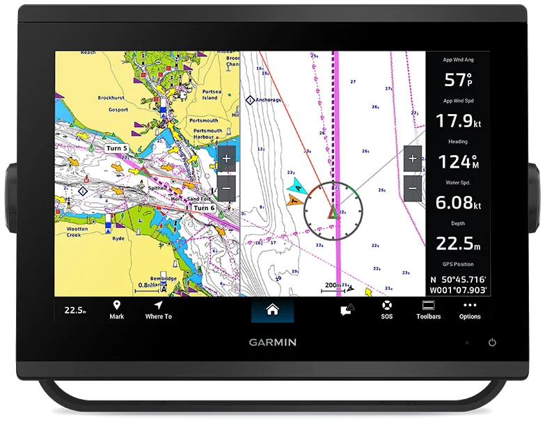 Garmin GPSMAP 1623xsv ekranas: jūrlapis ir laivo duomenys