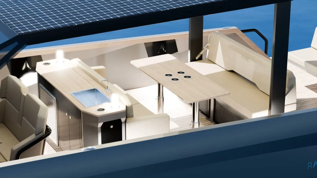 Poilsio zona ir virtuvėlė Rand Serene 33 laive (vizualizacija)